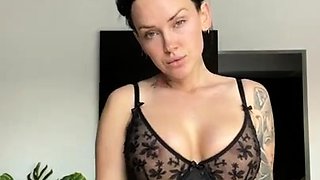 Busty curly brunette with big boobs fucks on couch