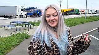 Hot German teen slut deepthroats cock in public toilet - cumshot facial