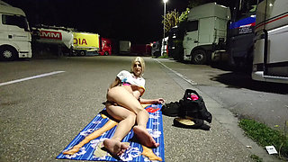 Undressing and masturbating at the truck seat