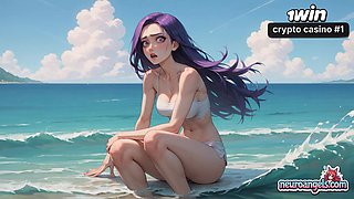 A muscled guy and a purple-haired sweetie in a black bathing suit ravage on an ocean wave - xxx XXX porn!