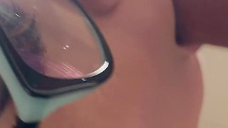 Blonde Big Tits MILF in Glasses Sensual Blowjob and Deepthroat and Cum on Face