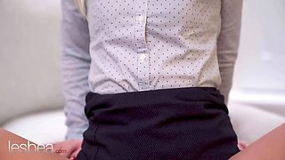 Lesbea blonde estate agent makes student an suggest she can't turn down