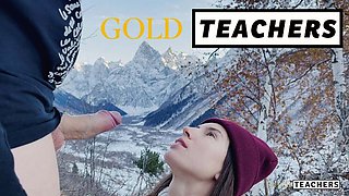 Russian teen gives amazing POV blowjob on mountain with cum in mouth
