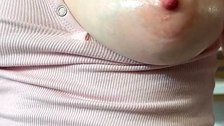 Whipped Cream on my Big Hard Nipple - Mom's Natural Milky Boob Close-Up