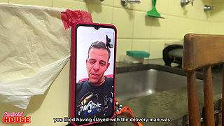 Cuckold Voyeur Watches His Wife Have Sex with a Supermarket Delivery Man in Their Own Kitchen