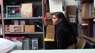 Brunette Latina Teen with Small Tits Sits in Storage Room