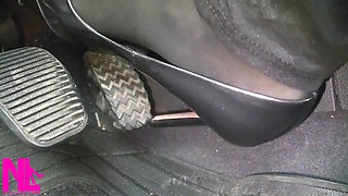 Pedal Pumping in Black Pantyhose and Grey Patent High Heels