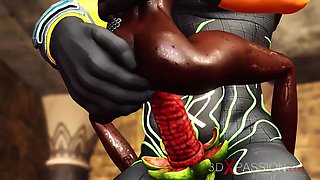 Ancient Egypt. Anubis plays with a hot black girl in the temple