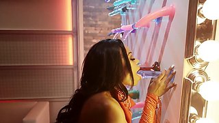 Row of dildos for a slutty ebony girl who fucks a guy later on