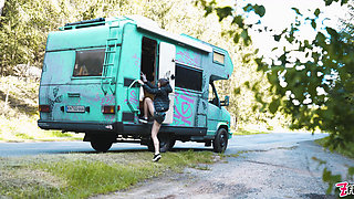 Roadtrip Tattooed Girl Fucks a Girl Anal with a Big Toys in Vintage Talbot Express