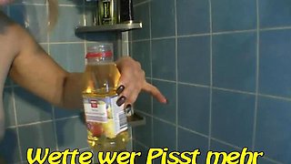 German MILF SweetSusi Dirty Talk Pissing Bet in Bathroom Solo Masturbation