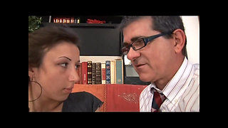 Young Girl with Big Tits Fucked and Cumshot on Shaved Pussy by a Nice Mature Cock