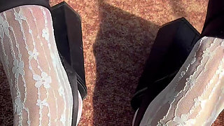 White stockings and high heels on my feet