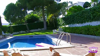MILF is screwing a dude by the pool and jerks him off into her mouth.