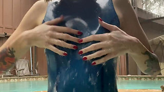 Worship Me in Latex! I Slip Into the Pool Wearing Nothing but My Sheer Blue Latex Catsuit