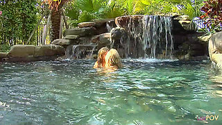 Soaking Wet Lesbian Sex on a Fake Beach and Under the Waterfalls Where These Two Orgasm
