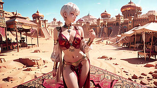Desert Fantasy! Silver-haired Saintess's Private Dance in the Red-Gold Palace, light ribbons wrapping around her.