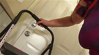 Big Fat Ass White Maid Lady on Step Ladder Cleaning Kitchen Counter in Mini Dress and Panty Pull to the Side - Try Not to Cum