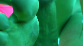 4K Tanning Studio Footjob From Hot Blonde MILF with Long Neon Green Toenails & Cum on Toes
