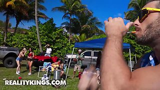 Reality kings - cheerleader kait\u2019s insane outdoor bash heats up with jug showcases, Pussy Eating and cheered-on sex