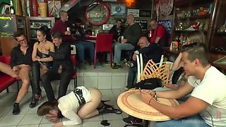 Brunette Guzzles Piss in Disgusting Gangbang Parade Through Budapest