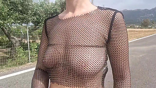 see-through blouse flashing tits in public