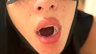 Deepthroat Cum on Tongue Continues Throatfuck Then Blows Cum Bubbles Rings