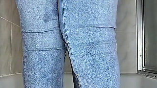 Desperate for Wee in the Bathroom Pissing in My Blue Jeans