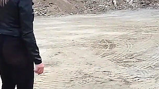 Grandma Is Walking Around a Gravel Pit in Tight Leggings and High Heels!