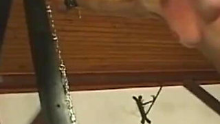 Humiliating wax play, dildo penetrated in huge piercing pussy pissing party