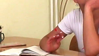 Young horny student Eliss Fire wanks her perfect cunt in the class room