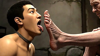 Male Slave Licking 90 Year Old Granny Wrinkled Feet - Horny Mistress