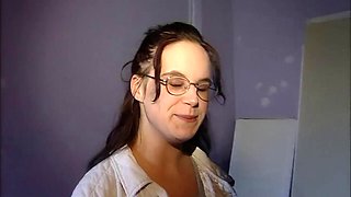 Glasses Cute Brunette Slurps Big Cock on Toilet