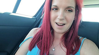 Redhead Malou gets hot and naked after shopping in the car