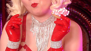 Sexy glamour pin up hot blonde eating in opera long latex rubber gloves