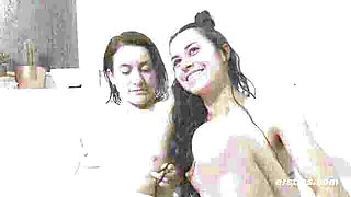 Lesbian bathtub kisses and smiles