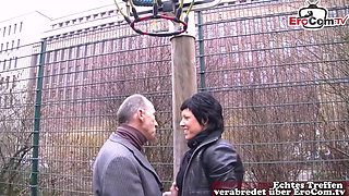 German grandpa flirts with housewife on the street and fucks her