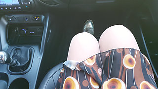 Horny Stepmom Teases Her Stepson with Her Sexy Legs in Stockings in the Car