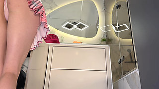 Hottest Brunette Babe Beautiful Girl in the Bathroom Loves to Show off Her Pussy and Cute Butt Under Miniskirt