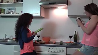 French Lesbian Babes Natalie Hot Fucking with Big Toy in Kitchen