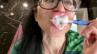 Brushing My Teeth, Silk Robe and Bra on Me, Glamour MILF with Glasses and Big Lips