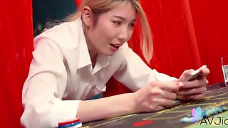 Sexy Slim Blonde Asian Babe Gets Sneakily Fucked By Her BF While Playing Poker