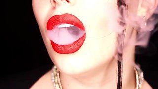 4K Applying crimson lip liner and smoking hookah on black background