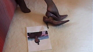 Retro - Putting Seamed Pantyhose on and Stroking Fan's Pic