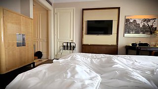 Fit Busty Brunette Hotel Manager Notices Me Wanking Under The Blanket & Amazes Me With Great Sex