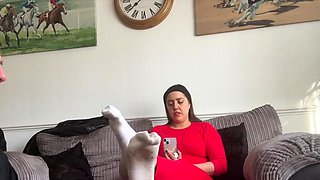 Busty brunette foot fetish and footjob in nylons