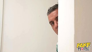 Fake hostel - brazilian teen with petite bum catches older boy jerking