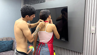 Finally I was left alone with the maid I ended up giving her a hard fuck by her tight ass.