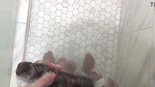 Stepbrother creeps in douche while sister douche, she caught him stagging and made him get in, her rump is so massive and cooch is so raw she will make you jism hasty