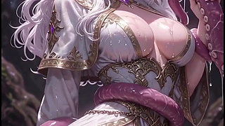White-haired elven priestess with worm monster, anime hentai